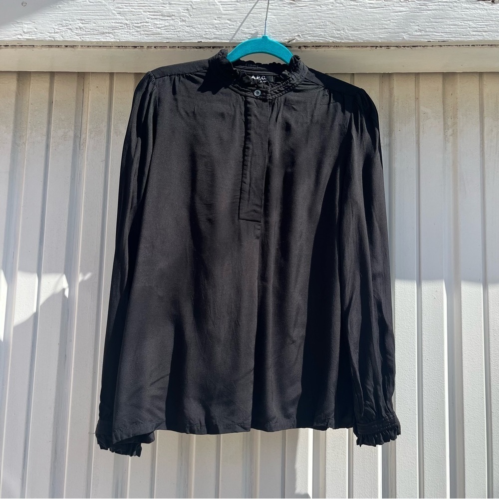 A.P.C. Black ruffle‎ collar polo long sleeve shirt blouse